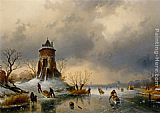 A Winter Landscape with Skaters Near a Village Paintings - A Winter Landscape with Skaters on the Ice by Charles Henri Joseph Leickert